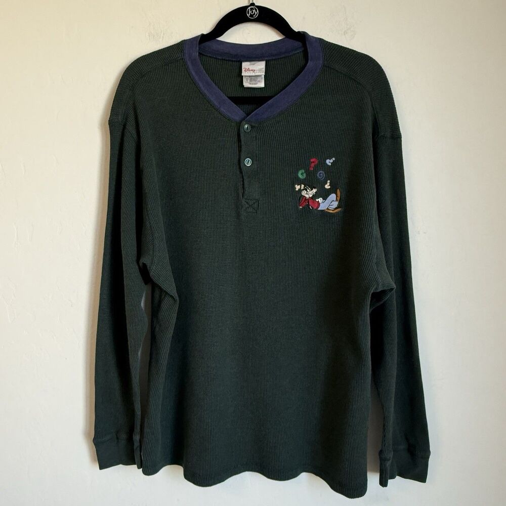 Vintage Disney Goofy Large Long Sleeve Green Henley Thermal Waffle Knit Made USA
